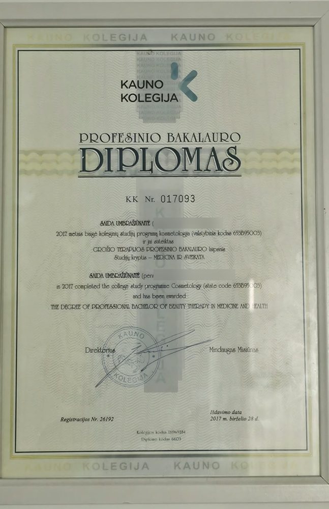Professional Bachelor of Beauty Therapy diploma, Kauno kolegija