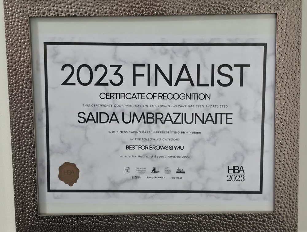 UK Hair and Beauty Awards 2023 finalist certificate, Best for Brows SPMU